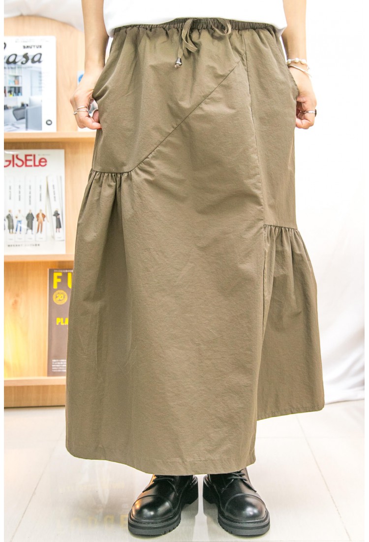 2215-1165A- 設計感 - 橡桹腰束繩 ‧ 兩旁打摺 ‧ 風褸料半截裙 (韓國) 0